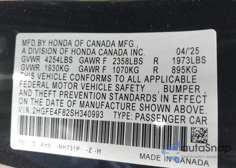 2025 Honda Civic Hybrid Sport/Sport Touring z USA, uszkodzony, nr VIN 2HGFE4F82SH340993